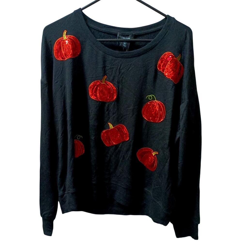 Woman's Cynthia Rowley Halloween Fall Black Sweater w/ Orange Pumpkins Size L